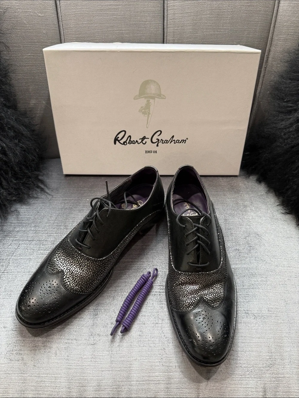 Robert Graham Black Leather Textured Wingtip Derbys
